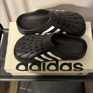 Adidas Women’s Black Clogs with White Stripes